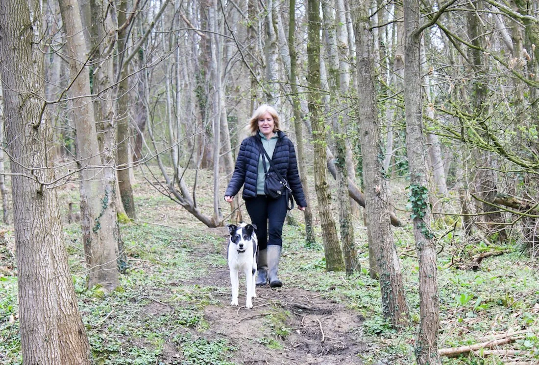 Anne Targett Health Coach walking dog in the woods.jpg