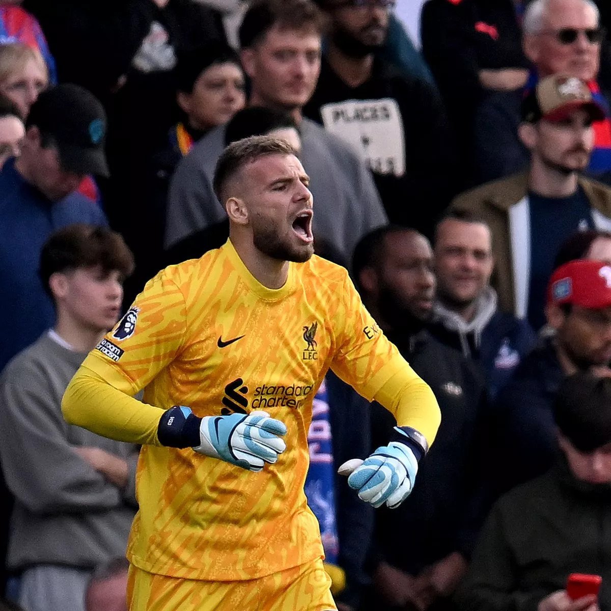 Soccer goalkeeper in a yellow jersey shouting during a match, with a crowd of spectators in the background.