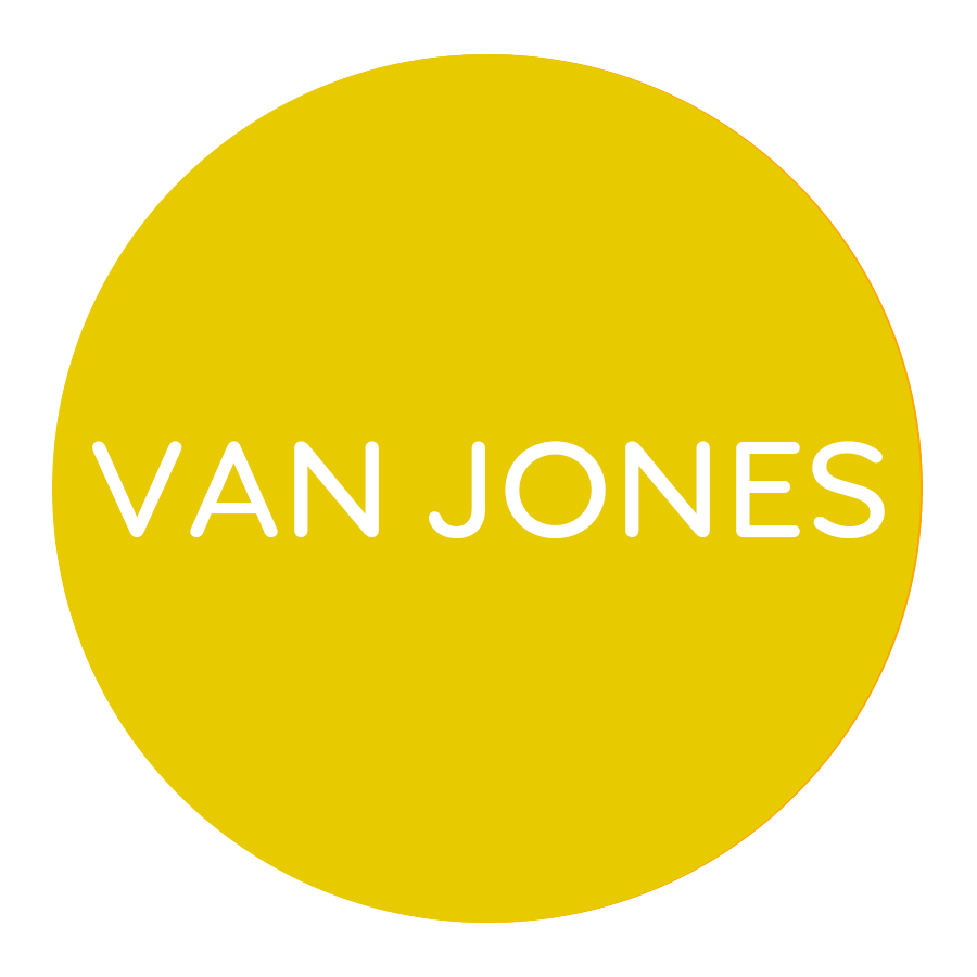 Yellow circular button with the text 'VAN JONES' in white capital letters.