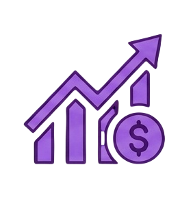 Gráfico de barras y línea ascendente en color morado que representa crecimiento económico, con símbolo de dólar