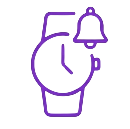 Reloj con una alarma y una campana de notificación en color morado