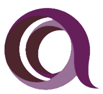 Logotipo estilizado en forma de letra 'O' con franjas curvas en tonos morados.