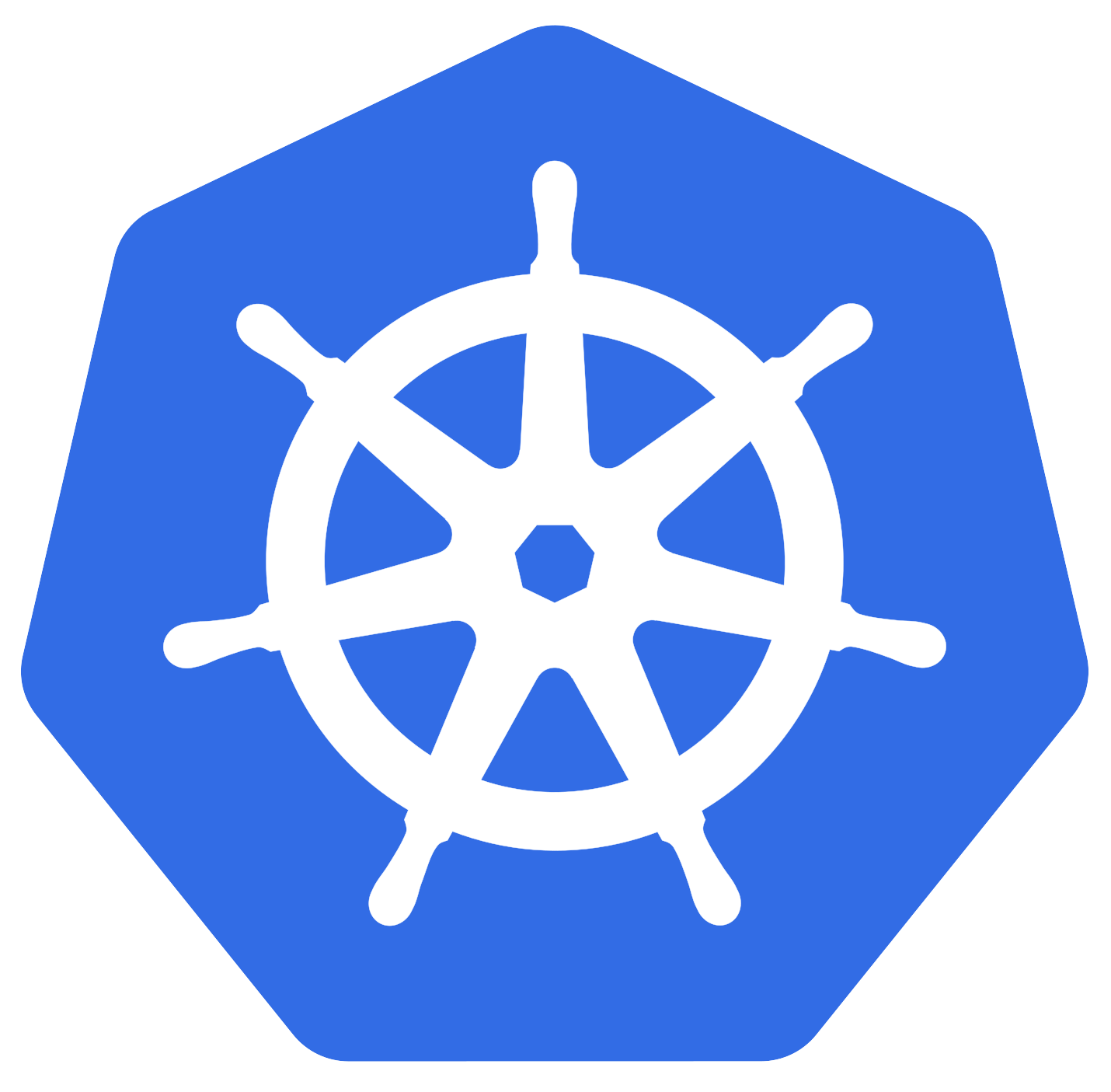 Logotipo de Kubernetes, un timón blanco sobre un fondo hexagonal azul.