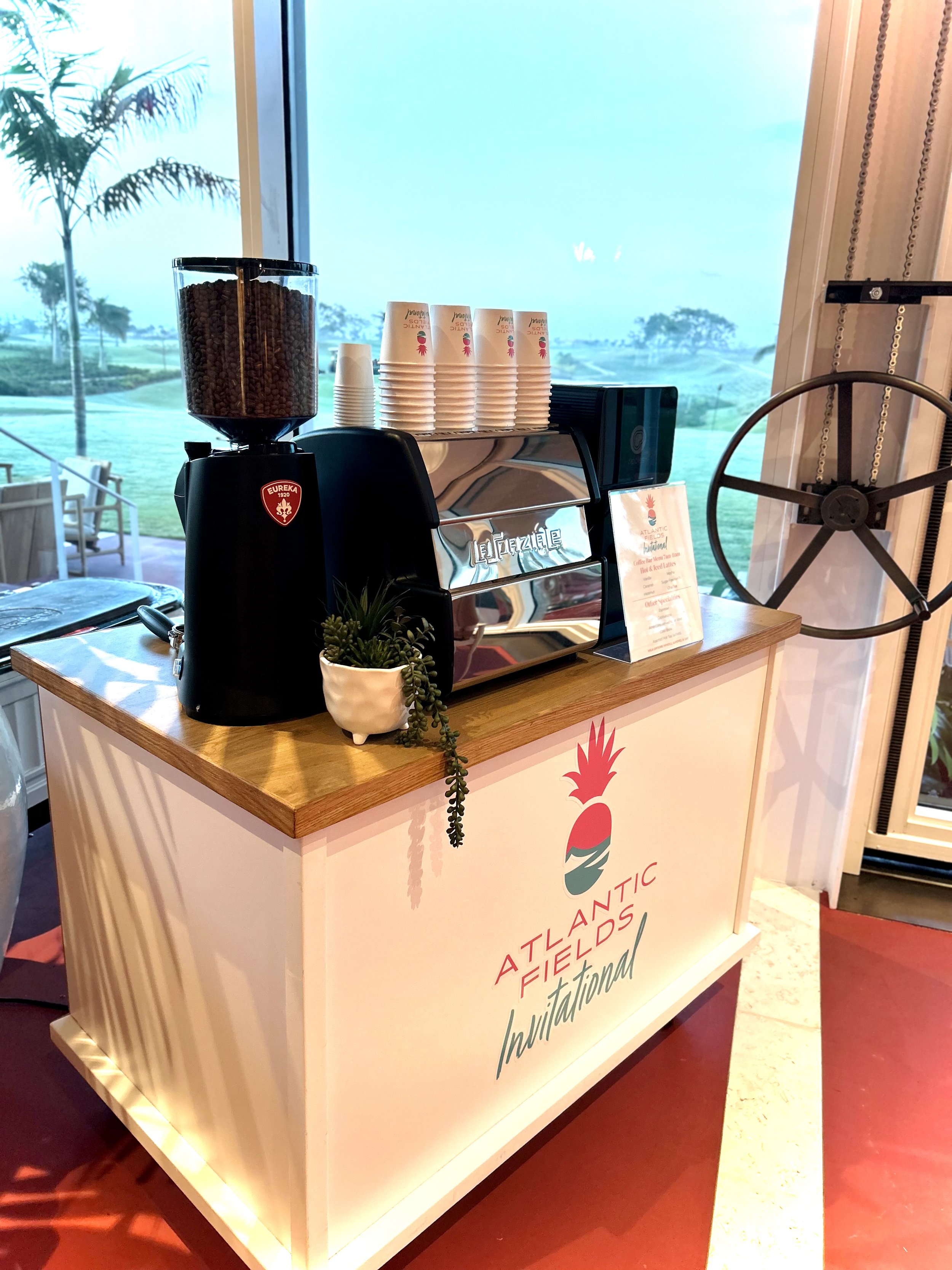 Specialty coffee cart setup for a golf tournament in Palm Beach