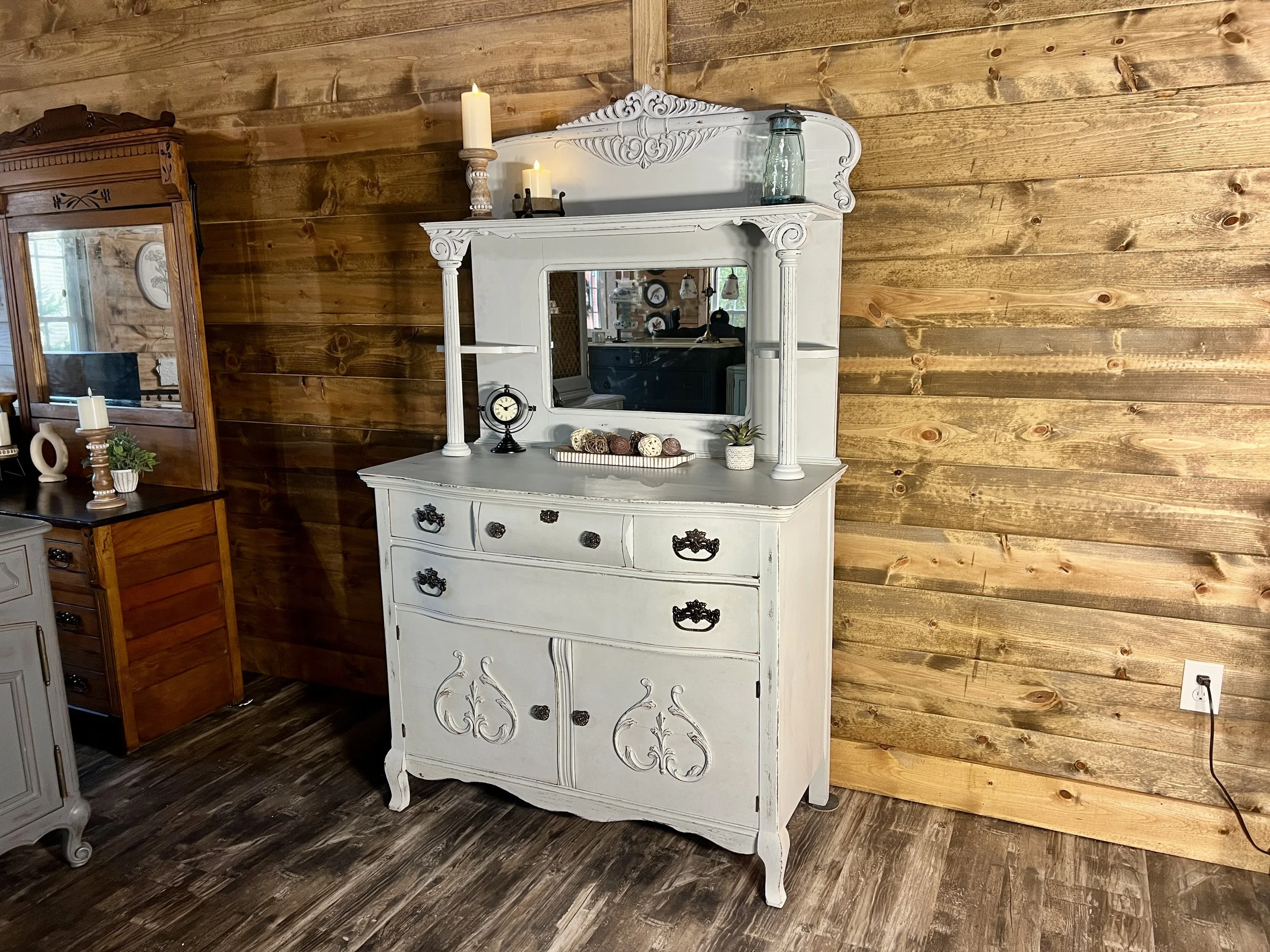Antique Farmhouse Dresser / Sideboard With Mirror