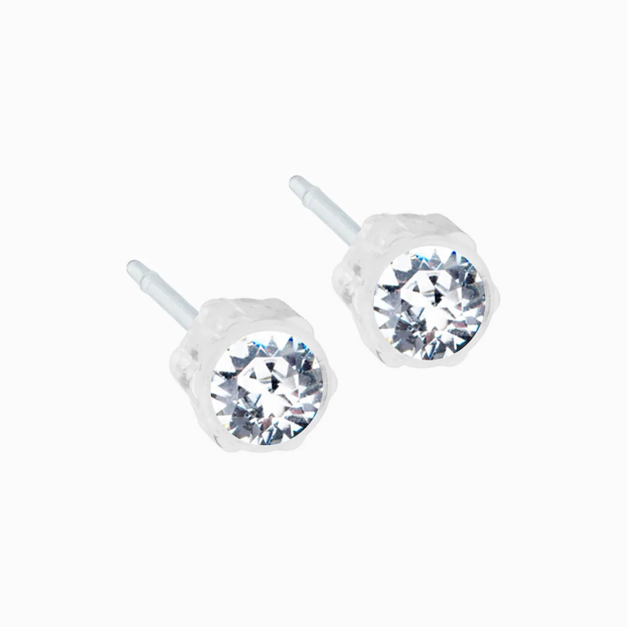 Pair of diamond stud earrings with round diamonds set in white metal settings.