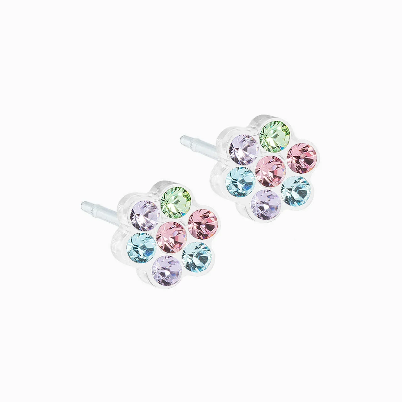 Colorful flower-shaped earrings with pastel-colored rhinestones on a white background.