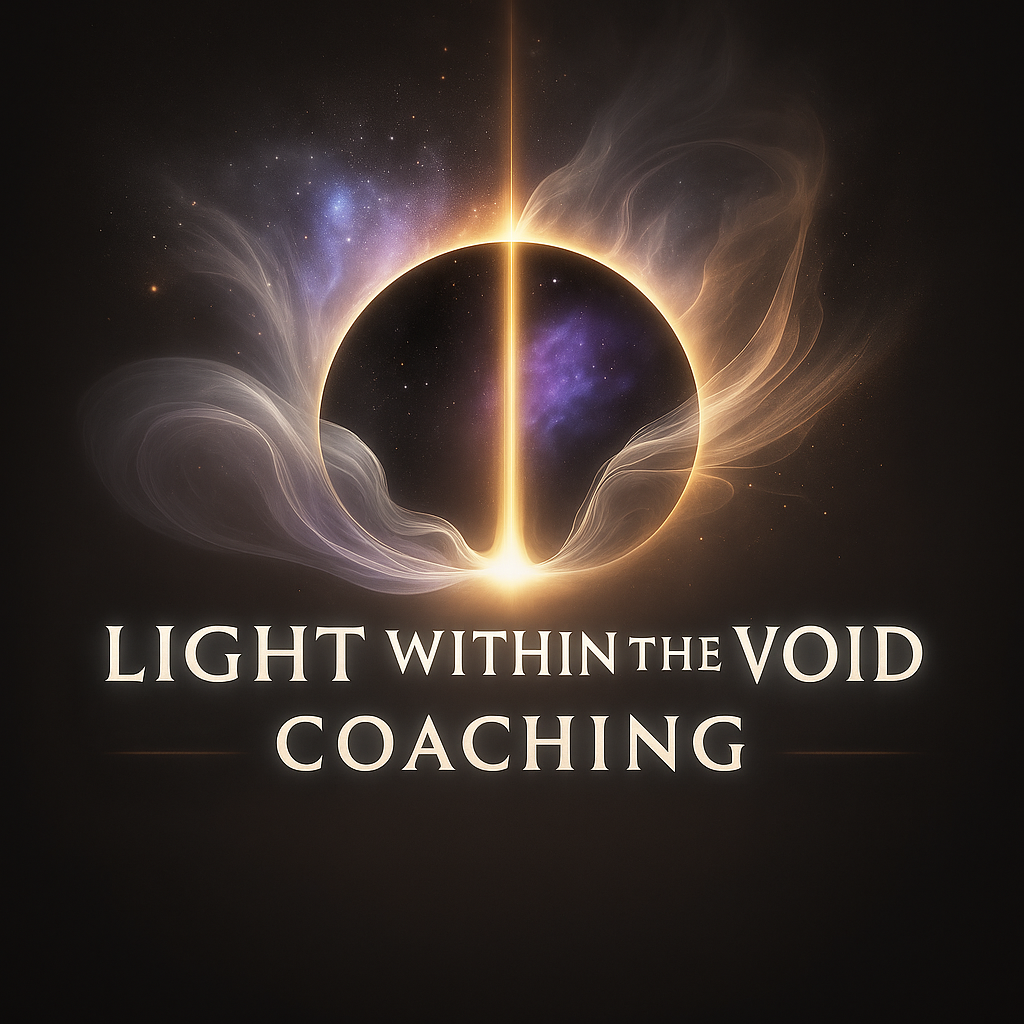 A digital artwork showing a black sphere in the center, with light streaks and nebula-like clouds swirling around it, and a vertical beam of light piercing through the sphere. Text reads 'Light Within the Void Coaching' at the bottom.