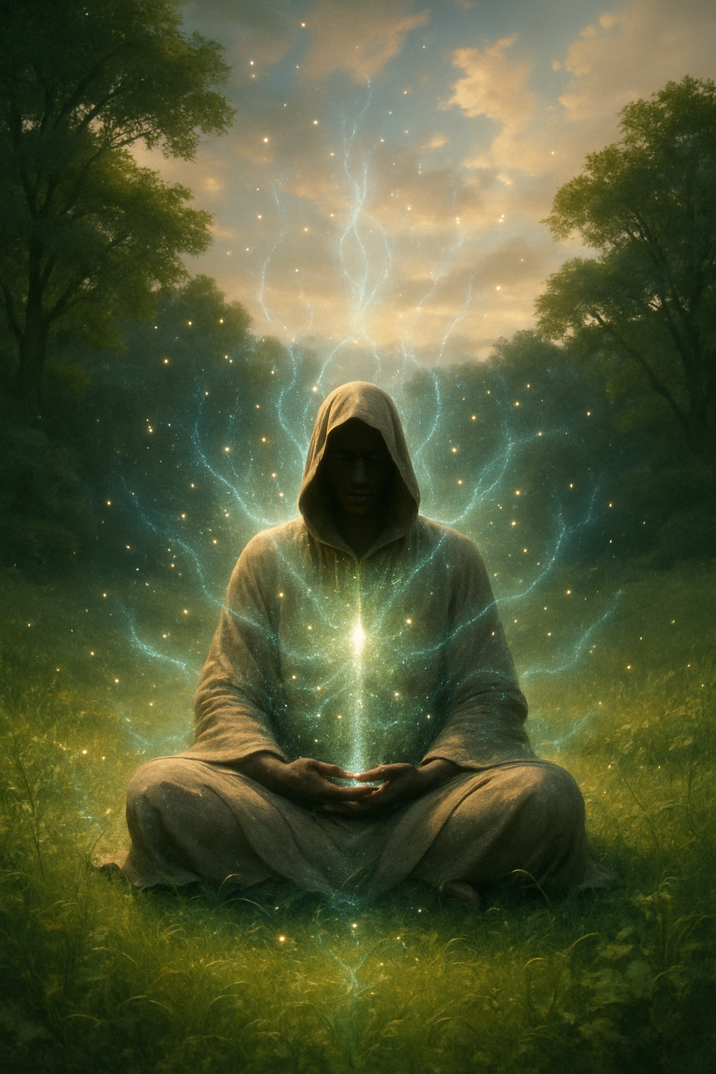 A person wearing a hooded cloak sits cross-legged on the grass in a forest clearing during dawn. They are looking downward with hands resting on their lap, and a glowing, magical light emanates from their heart, with electric-like blue sparks radiating outwards. The sky behind is partly cloudy with a soft golden light, and tall trees frame the scene on both sides.