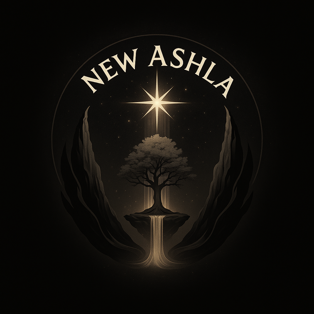 A stylized logo featuring a tree on a floating island, surrounded by mountains and a starry sky with a shining star above; the text 'NEW ASHLA' appears above the scene.