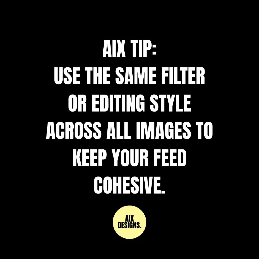 Consistency is key! Using the same filter or editing style keeps your feed looking polished, professional, and totally binge-worthy. 🖤 Because a cohesive vibe = stronger branding.

Hashtags:
#AIXDesigns #SocialMediaTips #BrandingThatWorks #Marketing