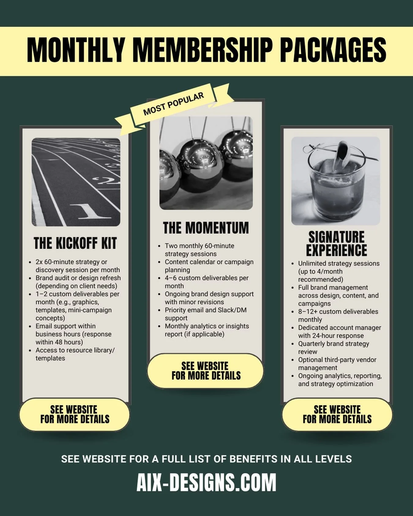 ✨ Transform your brand with a membership built to grow with you ✨

Whether you&rsquo;re just starting out or scaling big, we&rsquo;ve got a level for you:

The Kickoff Kit &ndash; 2x 60-min strategy sessions, brand audit or refresh, 1&ndash;2 custom 