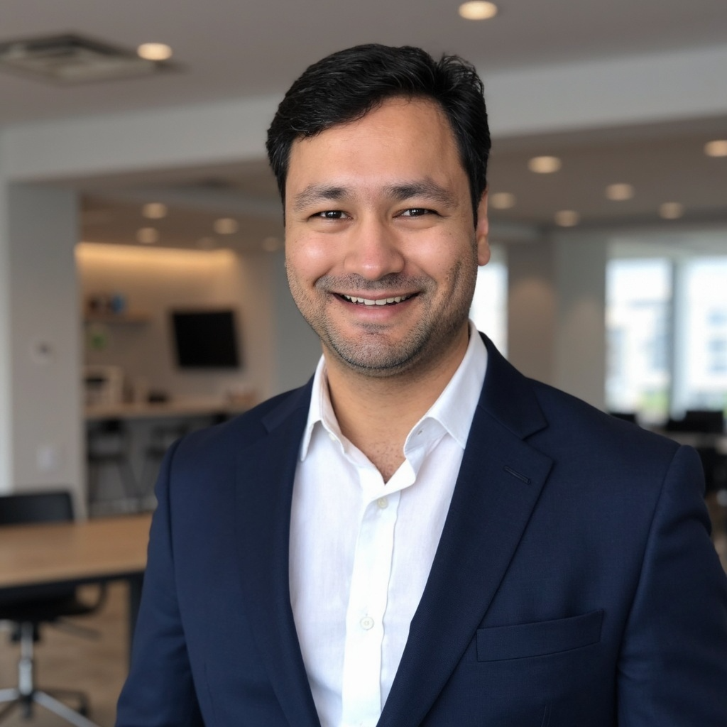 A smiling man in a navy suit with a white shirt in a modern office setting.