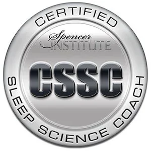 A circular certification badge with the text 'CERTIFIED SLEEP SCIENCE COACH' around the edge, and 'Spencer Institute' and 'CSSC' in the center.