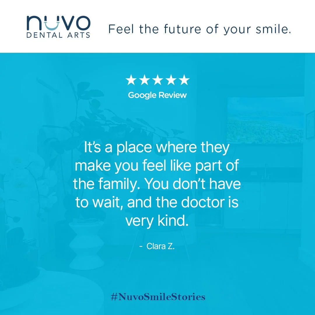 "Nuvo Dental Arts five-star Google review graphic featuring patient Clara Z. sharing her experience of being treated like family with no wait times and a kind doctor at the Miami dental office