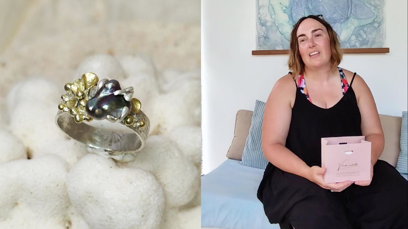 Custom reviez about creating her handmade artistic Tahitian pearl ring in Moorea, French Polynesia