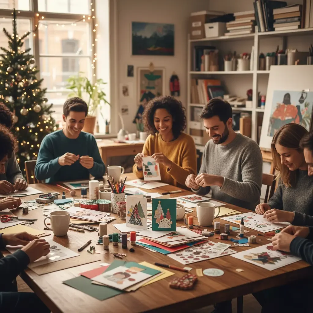 People gathering around a table, making Christmas cards, with holiday decorations and a Christmas tree in the background.