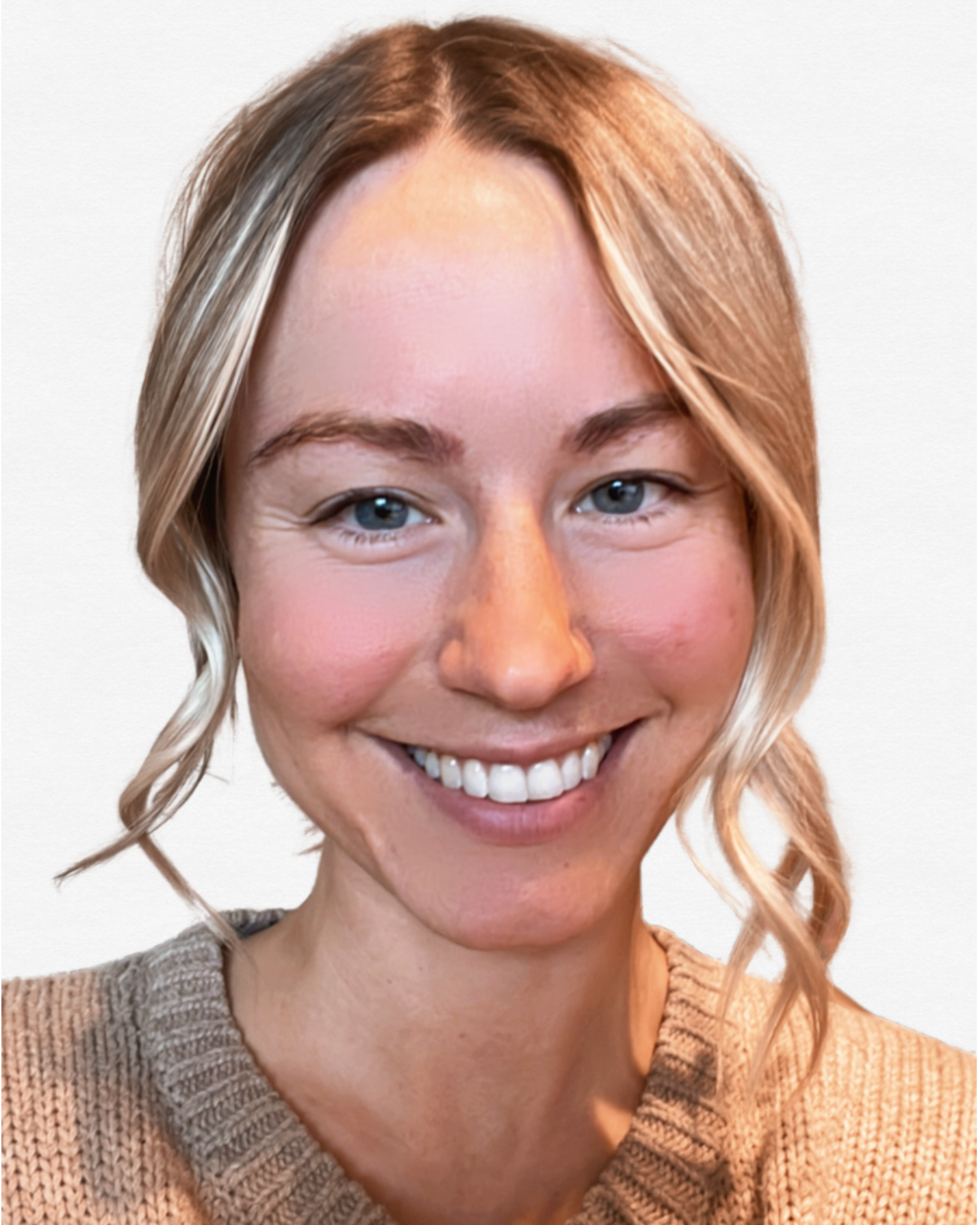 Close-up of a smiling woman with blonde, wavy hair and blue eyes, wearing a beige knitted sweater.