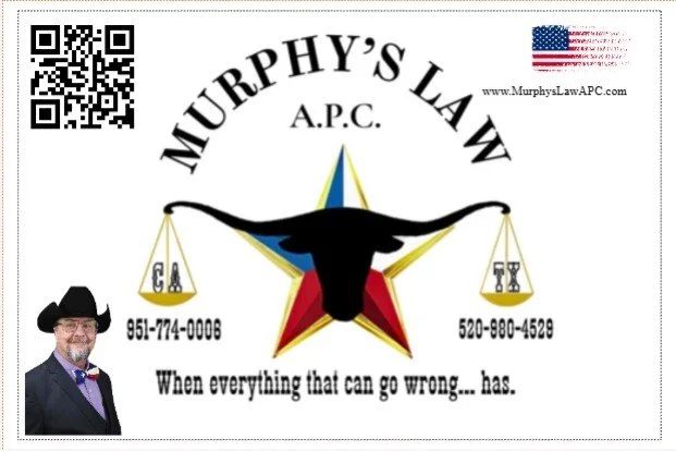 Logo for Murphy's Law A.P.C. with a black bull's head, a red star, and a gold star in the background, contacts, a small photo of a man in a black cowboy hat and suit, and the slogan 'When everything that can go wrong... has.'