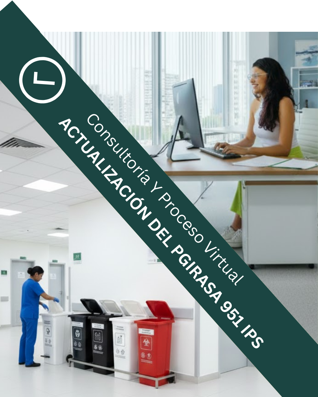 Dos imágenes en una oficina moderna. La primera muestra a una mujer trabajando en su escritorio con una computadora, mientras que la segunda muestra a una enfermera depositando materiales en los contenedores de reciclaje en un hospital.