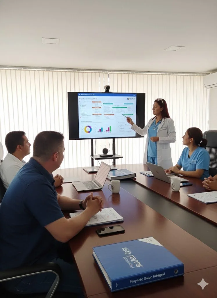Reunión en una sala de conferencias, con una doctora presentando datos en una pantalla, y cinco personas observando y tomando notas.
