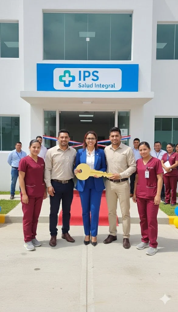 Grupo de personas en la ceremonia de inauguración de la clínica IPS Salud Integral, con un cartel de fondo, y sosteniendo una llave grande.