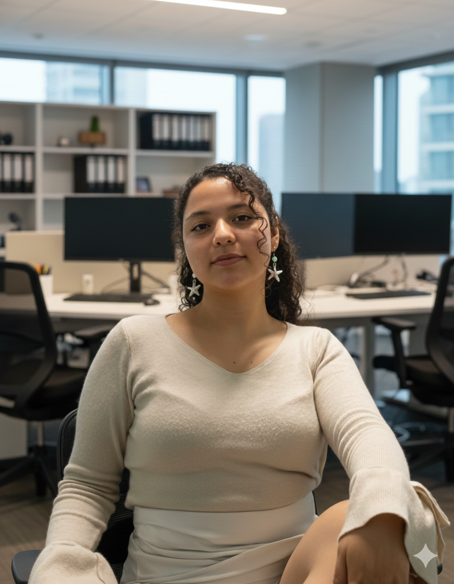 Mujer sentada en una oficina con escritorios y monitores, mirada directa a la cámara.