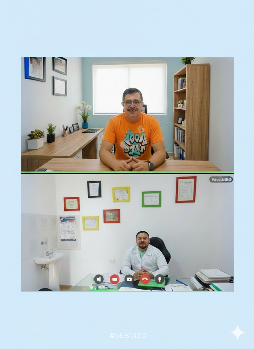 Dos hombres en videollamada, uno en una oficina moderna con plantas y cuadros, y otro en una consulta médica con certificados en la pared.