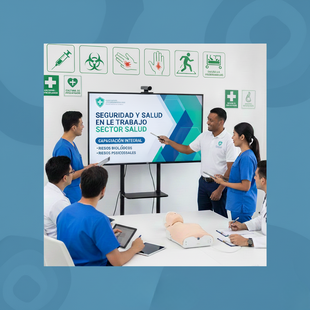Grupo de profesionales en una capacitación sobre seguridad y salud en el trabajo en el sector salud, con un monitor que muestra información en español. Incluye símbolos de precaución y primeros auxilios en la pared.