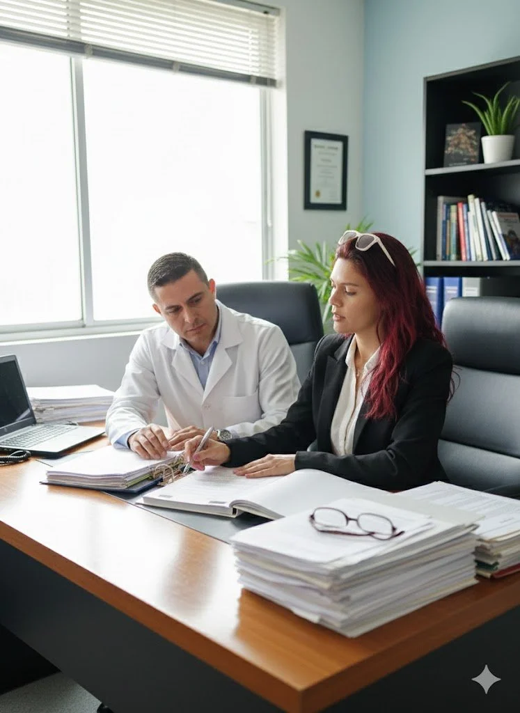 Una mujer y un hombre en una oficina, revisando documentos en una mesa de oficina con muchas pilas de papeles.