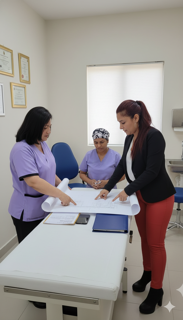 Tres mujeres, una en uniforme de enfermería morado y otra en uniforme morado y gorro de enfermera, revisando planos o documentos sobre una mesa, mientras una mujer vestida con chaqueta negra y pantalones rojos los consulta.