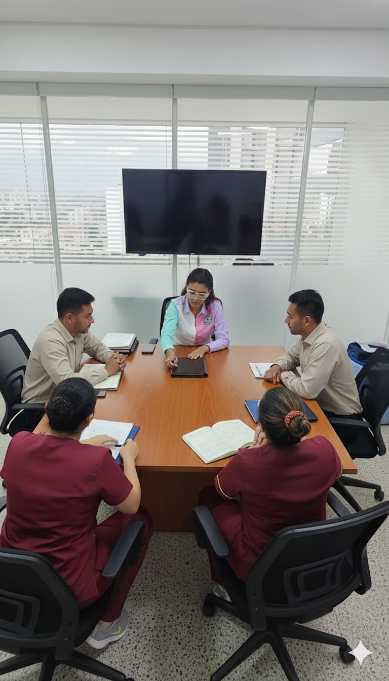 Cinco personas en una sala de reuniones con una mesa de madera, dos mujeres con uniformes burdeos, dos hombres con camisas claras, y una mujer en el extremo de la mesa, vestida con blusa en dos tonos y gafas, participando en una reunión.