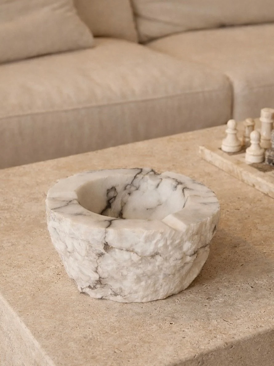 Vintage genuine Italian alabaster stone ashtray, hand carved in Volterra Italy marked Firm Prof. G Messi. Oversized and solid carved alabaster. Raw stone on the outer with a polished finished inside. 3.25&rdquo; tall x 6.5&rdquo; in width
$118

Pleas