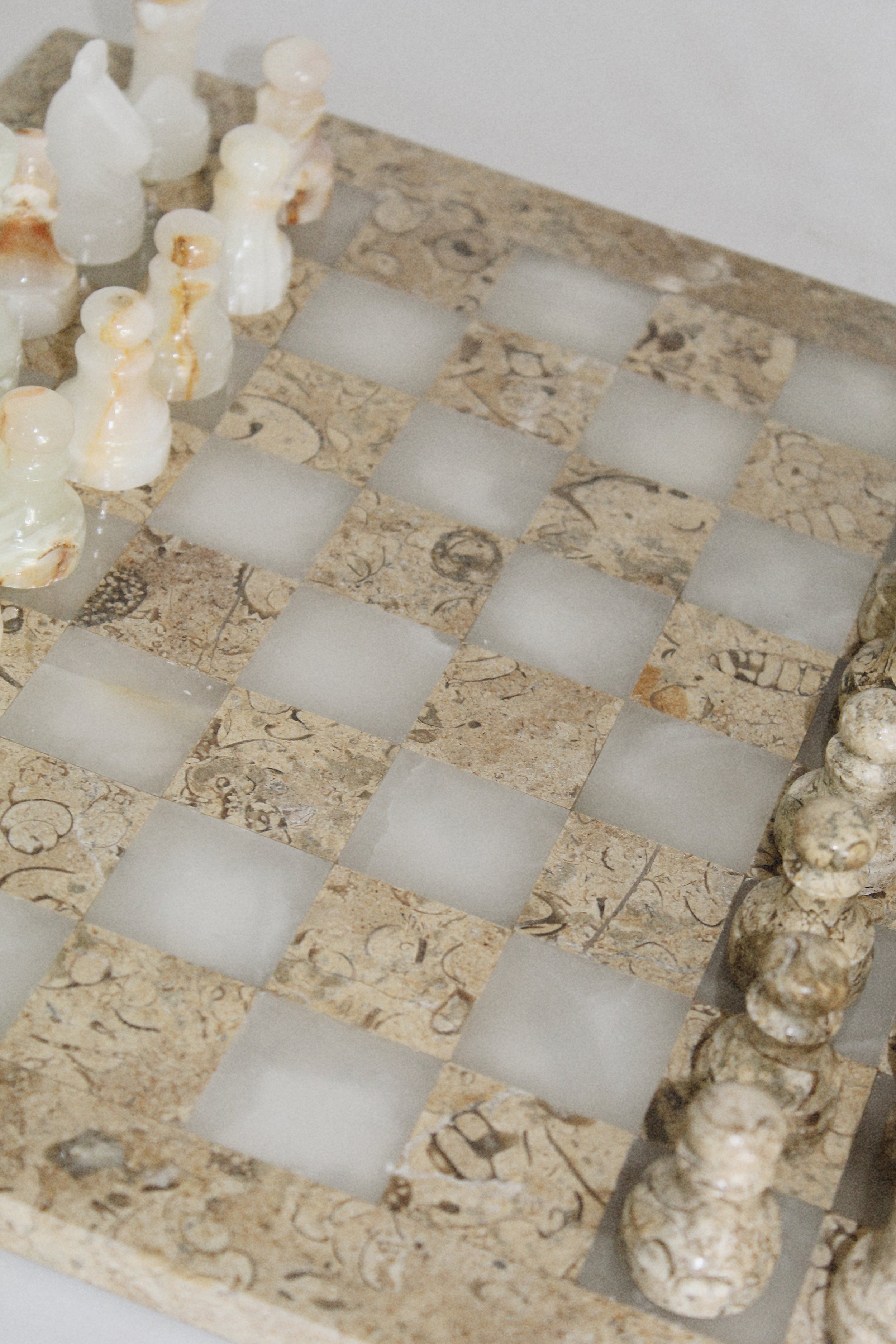 Vintage Fossil Stone & Onyx Chess Set