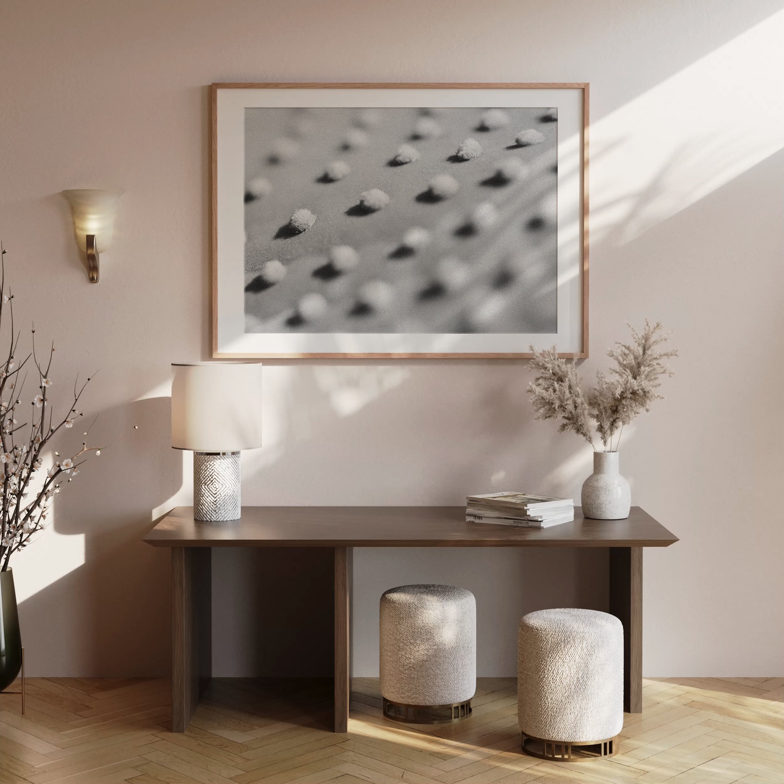 Minimalist black and white framed retro wall art interior design staged in modern space