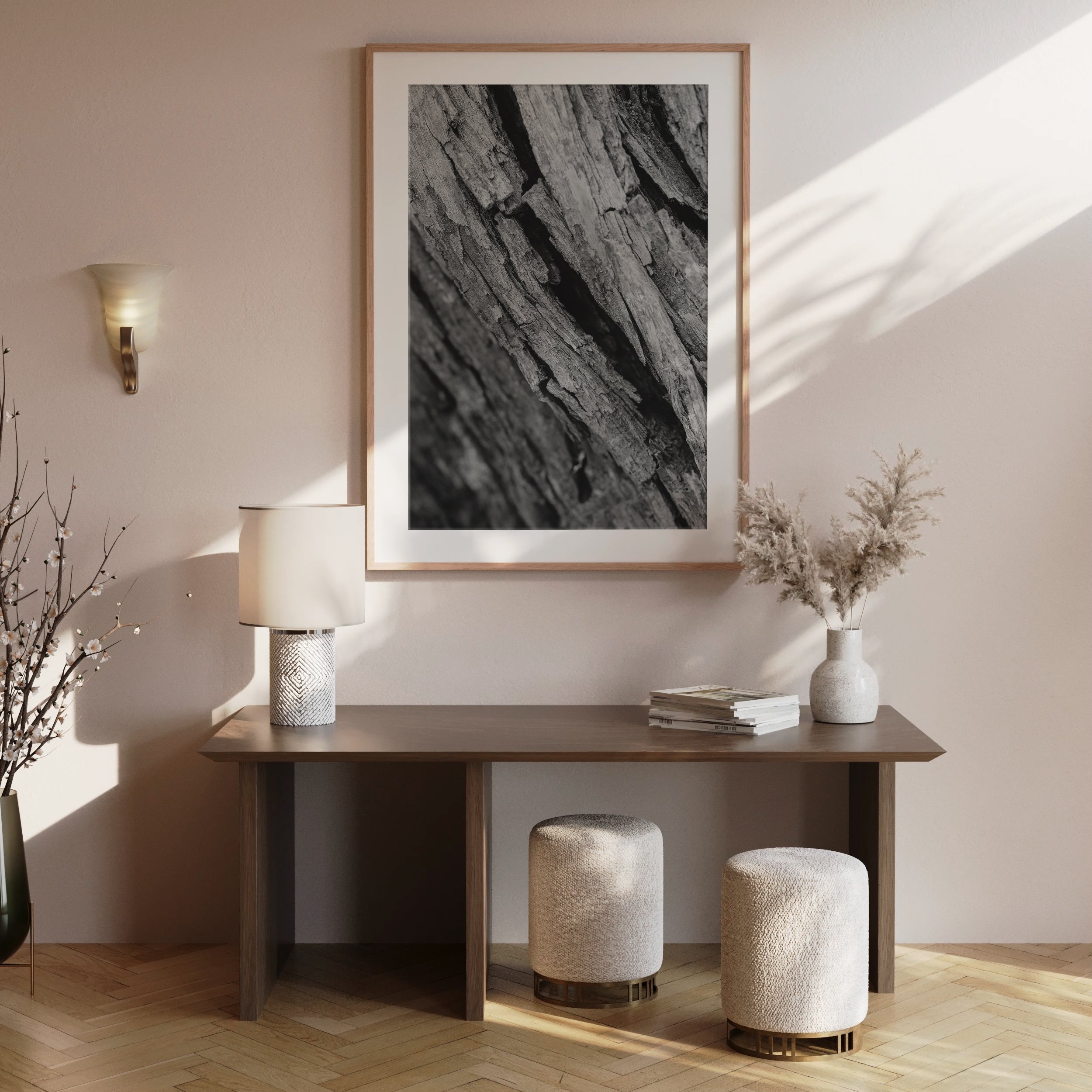 Elegant modern photography art print of nature inspired black and white tree bark staged for home decor in a modern living space.