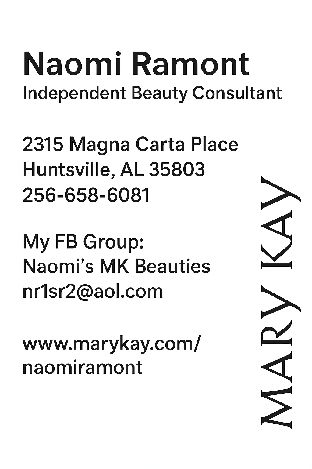 Business card for Naomi Ramont, independent beauty consultant, with contact information, website, and Facebook group details.
