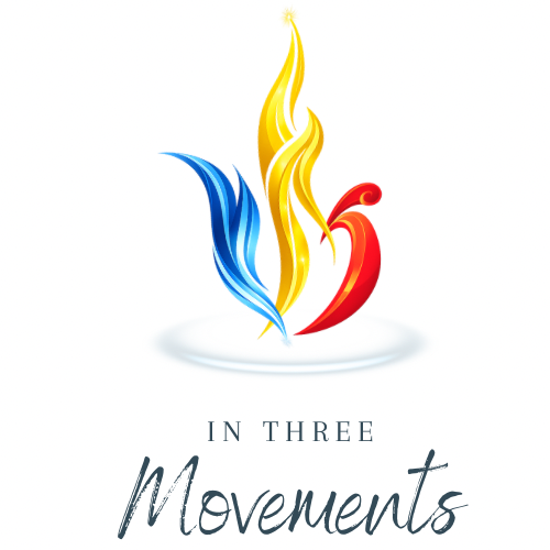 Abstract logo with three flames in blue, yellow, and red, and the text "In Three Movements" beneath.
