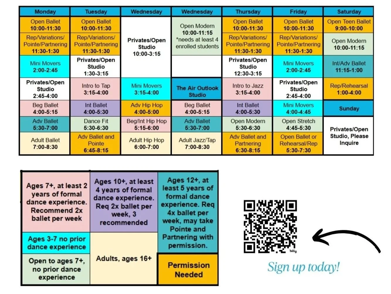 Weekly dance class schedule with various classes for different age groups, including ballet, jazz, hip hop, contemporary, and open dance sessions, color-coded by class type and age requirements.