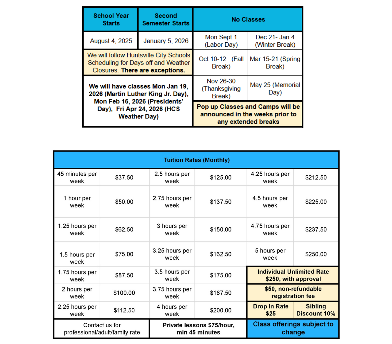 School schedule and tuition rates table with information on start dates, no class days, holiday breaks, and monthly tuition fees.
