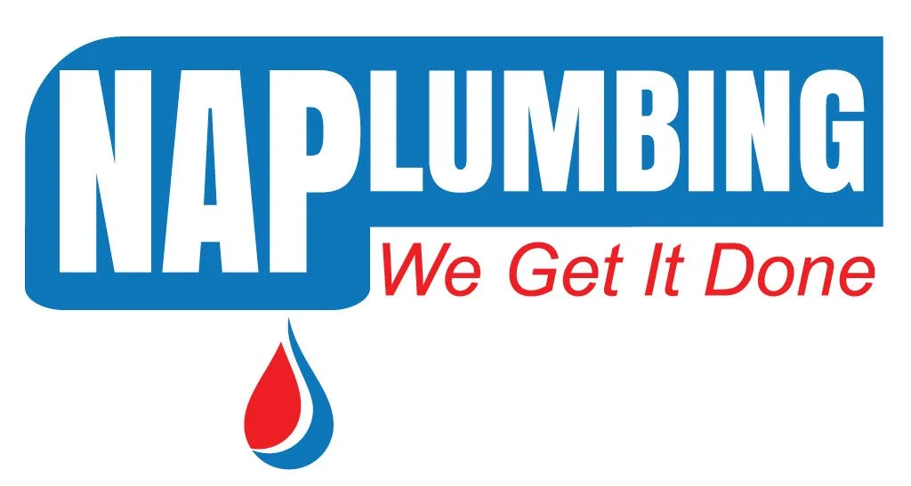 Logo with blue rectangle containing the word 'NAP' and the word 'PLUMBING' in large white letters, a red and blue drop shape underneath, and the phrase 'We Get It Done' in red text.