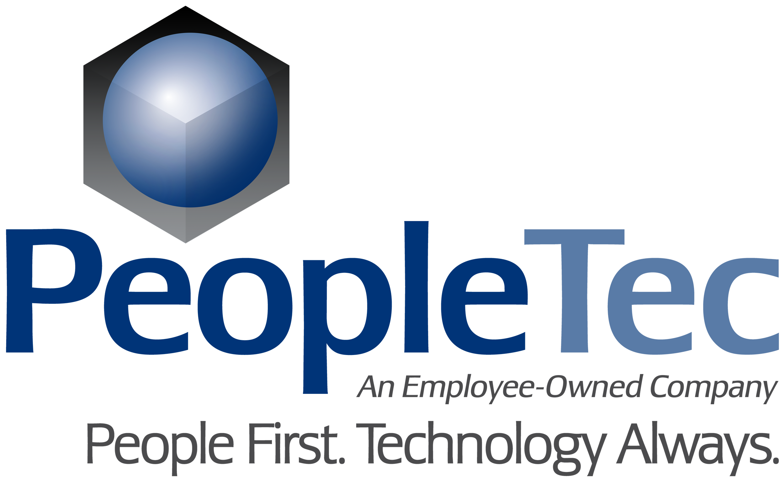 Logo for People First. Technology Always with a blue sphere, a gray cube, and the text 'People First. Technology Always'.