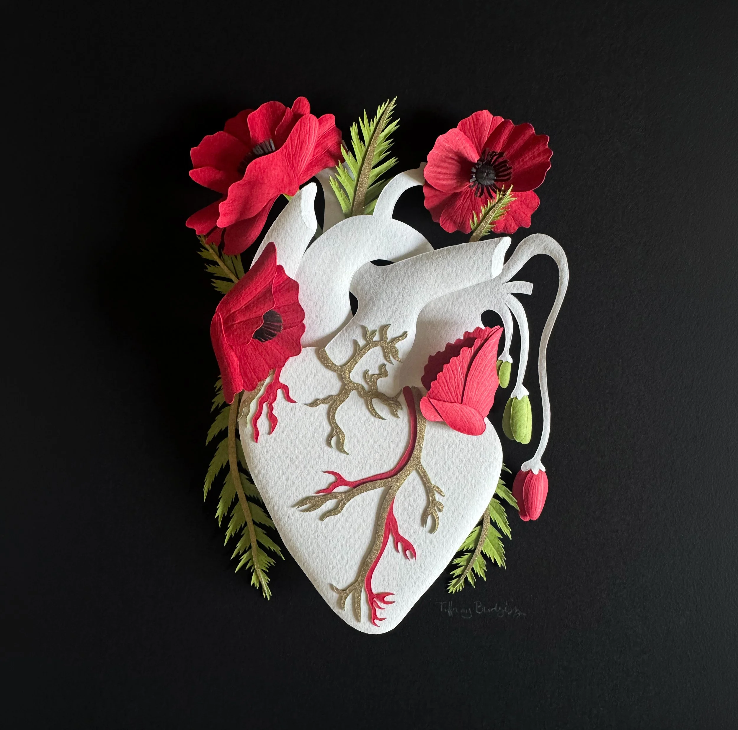 Healing Heart: Poppies, paper sculpture, 10"h x 8"w, 2026