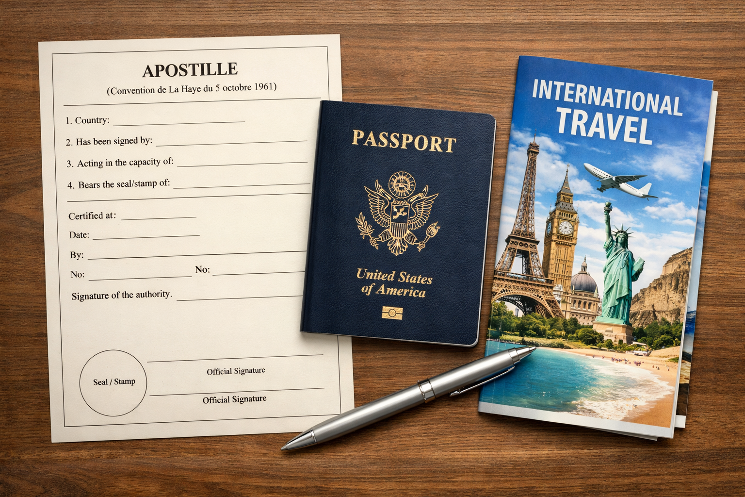 Apostille certificate form with U.S. passport, silver pen, and international travel brochure representing Chicago apostille and document authentication services.