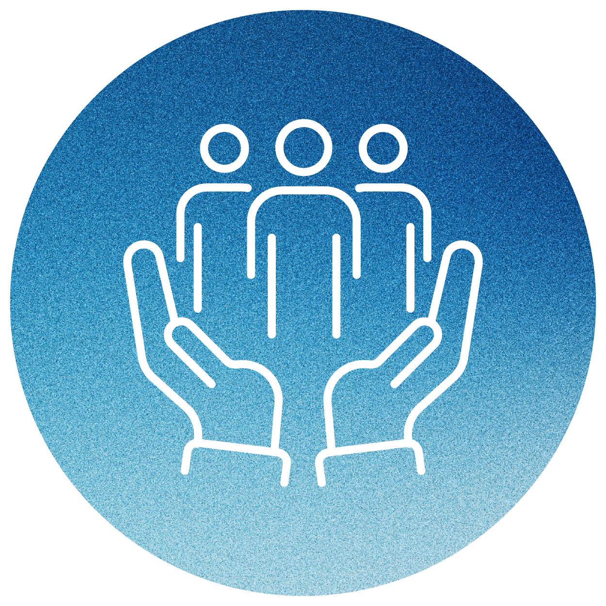 white icon with hand holding a group of people with grainy light blue to navy gradient background