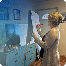 A women mapping out her thoughts on an easel