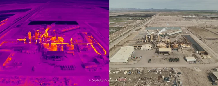 Side-by-side drone thermal and visible images of an industrial plant