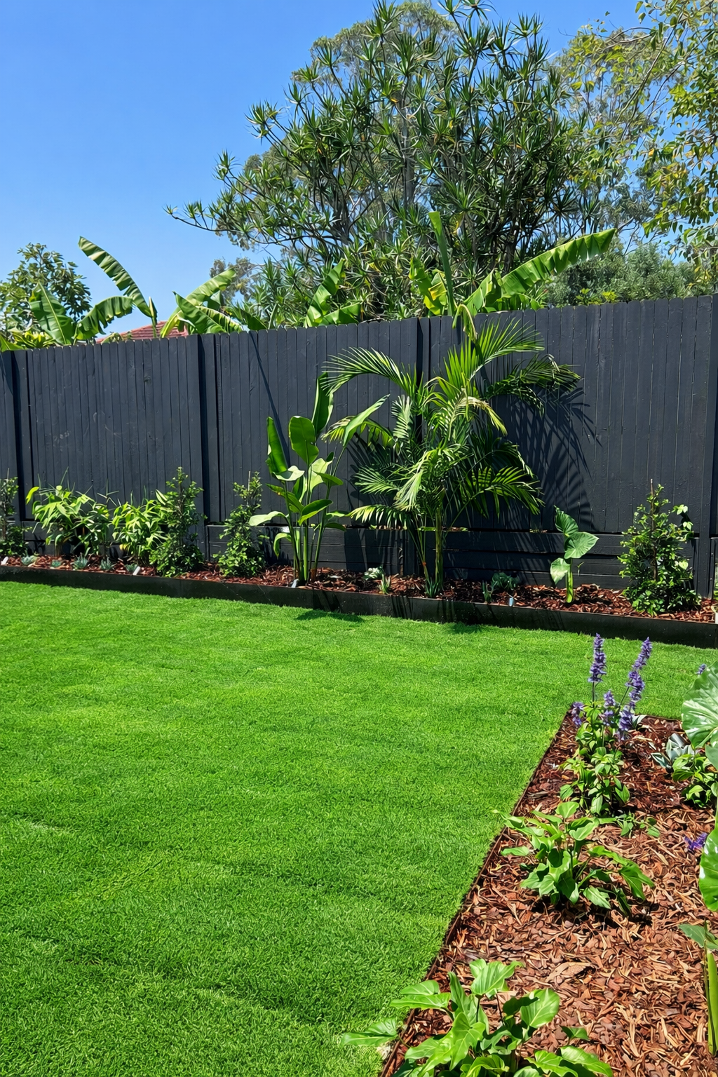 A backyard garden with a green lawn, a flowerbed with various leafy plants, including banana and palm trees, and a tall dark fence, under a clear blue sky.