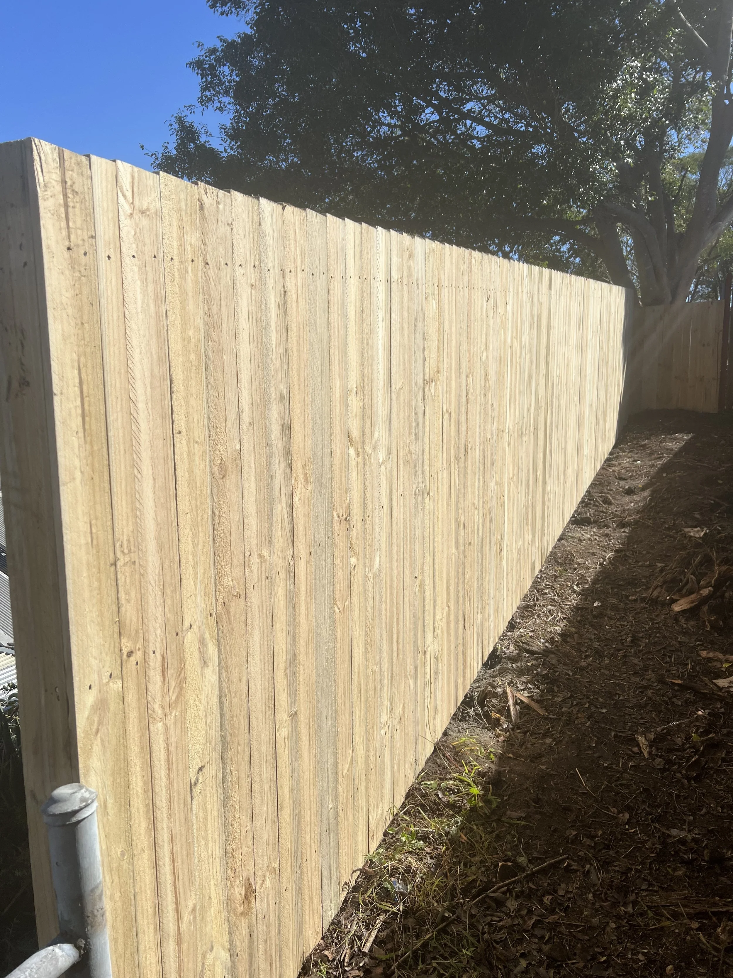 New wooden fence installed along a dirt ground with a large tree and clear blue sky in the background.