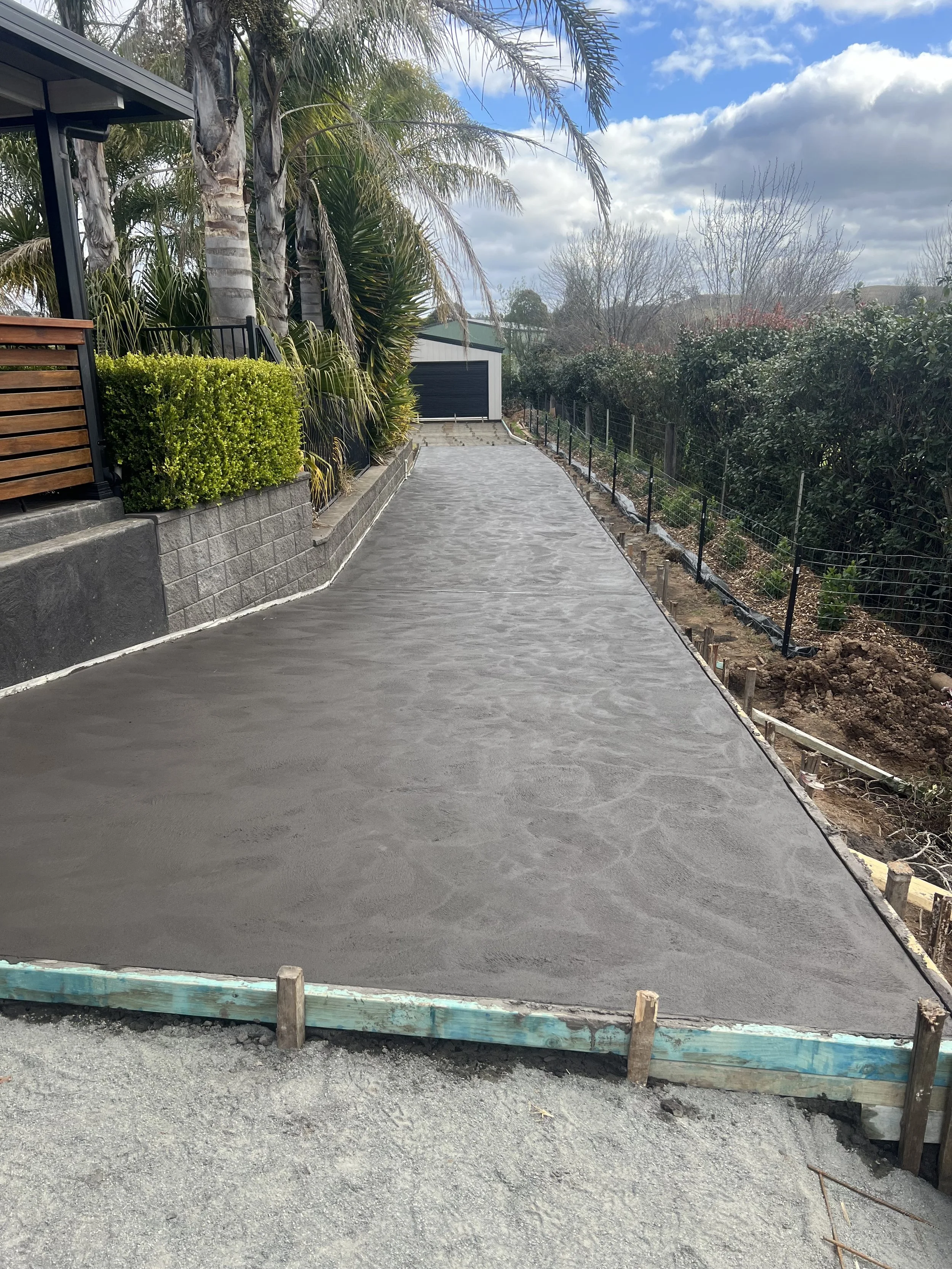 A freshly poured concrete driveway with a smooth surface, bordered by wooden forms and a low retaining wall with lush green plants and palm trees on the left, and a narrow garden bed with shrubs and a wire fence on the right, under a partly cloudy sky.